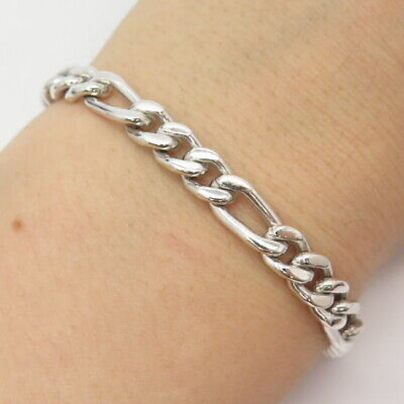 925 Sterling Silver Vintage Mexico Figaro Link Bracelet 7...
